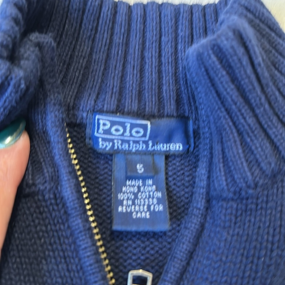 Polo Ralph Lauren Boys 5 Blue Navy Yellow Knit Sweater Logo Zip Pullover Stripe - Picture 4 of 6